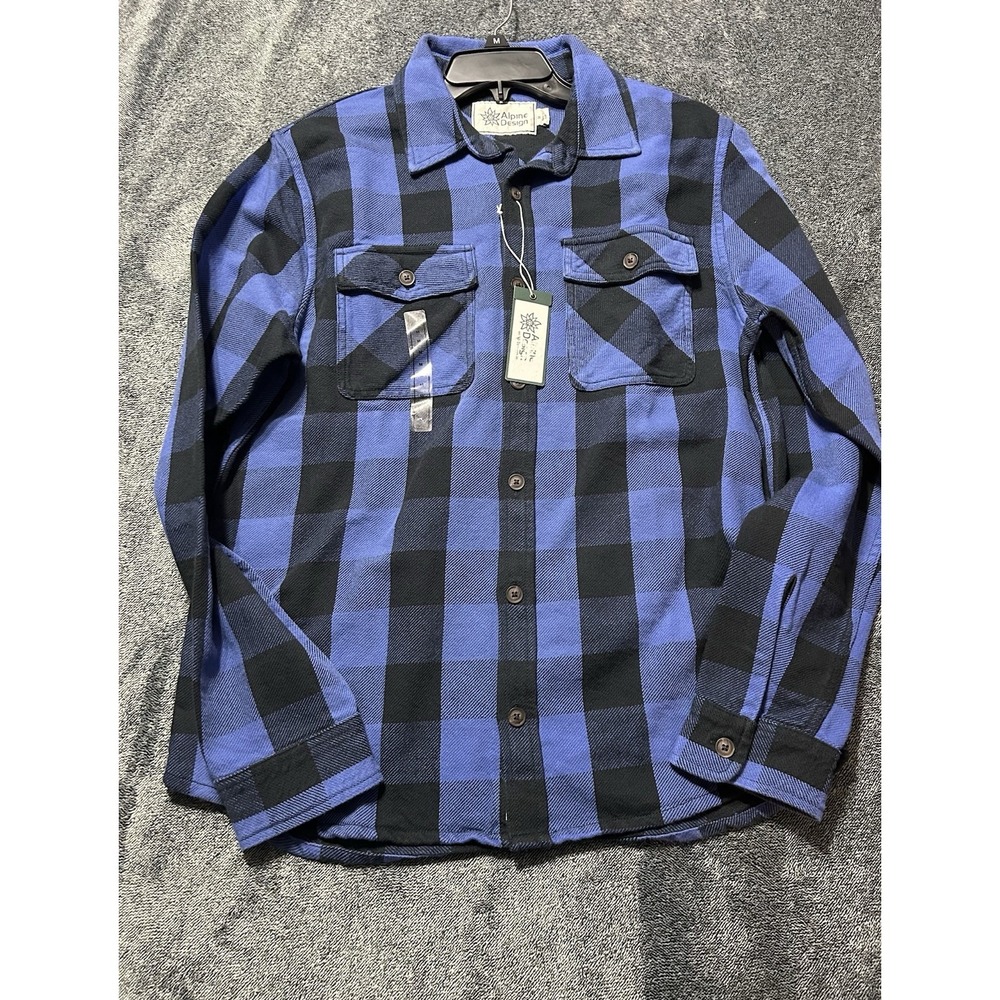 Alpine Designs Men's Medium Hike Long Sleeve Blue/Black Plaid Twill Shirt (R1)